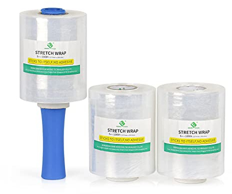 3 Rotoli di Pellicola Estensibile Con Manico in Plastica, Pellicola Trasparente Per Pallet 5 x 1000 Piedi Per Pallet, Materiali in Movimento e Pellicola Termoretraibile, Confezione. BOMEI PACK