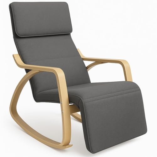 BAKAJI Sedia a Dondolo in Legno di Betulla con Rivestimento in Cotone Imbottito in Spugna Altissima Densità, Poltrona Oscillante Relax con Poggiapiedi Regolabile e Cuscino, Ergonomica (Grigio)