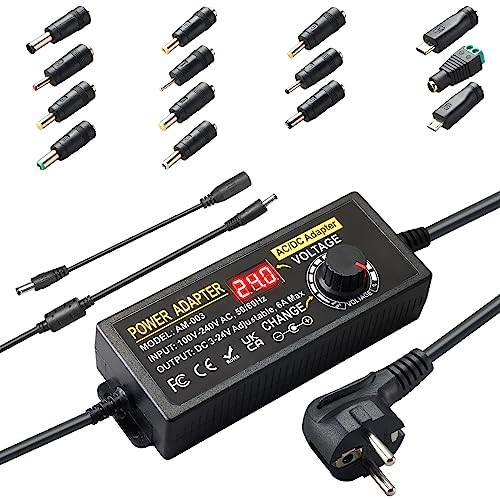 3V~24V 6A 144W Einstellbares Netzteil,Universal Netzteiladapter,100V-240V AC to DC Konverter Netzteil mit LED Spannungsanzeige, 14 Tipps & Polaritätskabel für Haushaltselektronik, DC Motor,6000mA Max