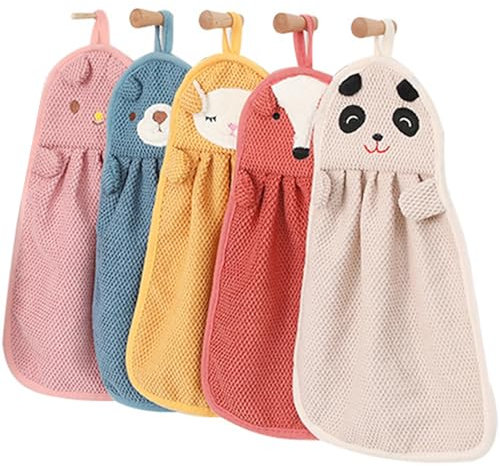 XFLYP 5 Stück Handtuch für die Küche zum Aufhängen mit Schlaufen, Weiche Koralle, Absorbent Super Weich Waschlappen mit Aufhängeöse Geeignet, für Küche und Bad, (36x23cm)