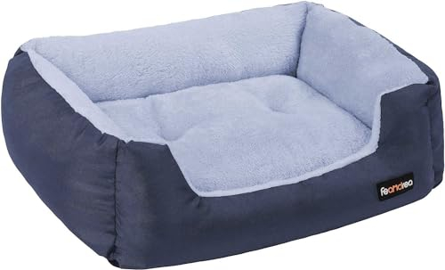 Feandrea hundsäng, hundkudde, hundsoffa, hundkorg, avtagbar vänddyna, upphöjda kanter, halkfri botten, storlek L, 85 x 65 x 21 cm, antracitblå-ljusblå PGW004Q01