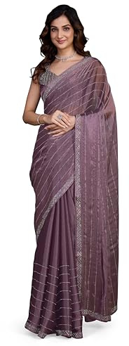 TRENDMALLS Organza Siroski arbete sari med osydd blusdel (K1074-ljuslila), Ljuslila, One Size