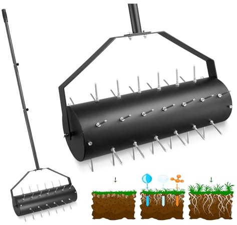 Yosuny 18-inch Rolling Lawn Aerator Tool, 50-70 Handle Heavy Duty Spike Aerator with Sandbag, 40 Iron Spikes Tighten with Patience, Manual Rolling Aerator Lawn for Yard Garden