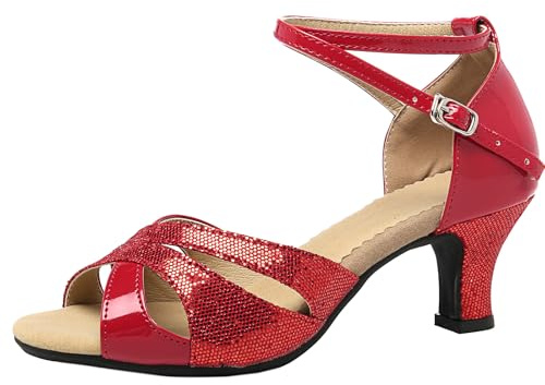 WUIWUIYU Women Dance Shoes 2.2 Ankle Strap Dancing Heels for Ballroom Salsa Tango Flamenco Latin Paso Doble Footwears Red Size 5.5
