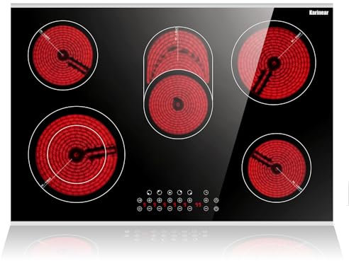 Karinear Glaskeramikkochfeld 5 Platten Einbau, Keramik kochfeld 5 Zonen, 77 cm, Herdplatte 5 Kochfelder, mit Berührungssteuerung, Timer, Kindersicherung, 220-240V, 8400W, Keine Stecker