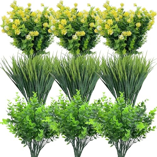 Kingrun 18 buntar konstgjorda växter gräs buxwood inomhus utomhus UV-resistent plast falska buskar växter buskar grönska blommor arrangemang