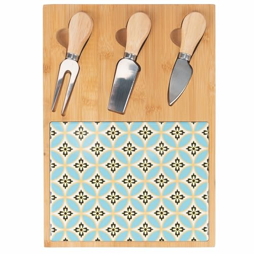 Set tagliere e 3 coltelli da formaggio, in legno di bambù, decoro maiolica, 21,5x30,5cm, Valladolid