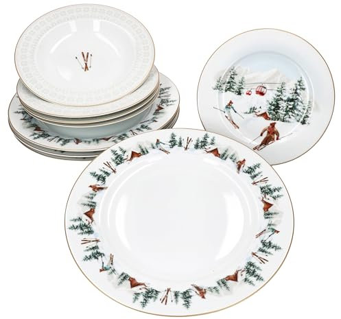 MamboCat Chalet 12-tlg. Teller Set I 4 Personen I winterliches Dinner-Geschirr-Set mit Ski- & Alpen-Dekor I Je 4x Speiseteller, Suppenteller & Kuchenteller aus Porzellan