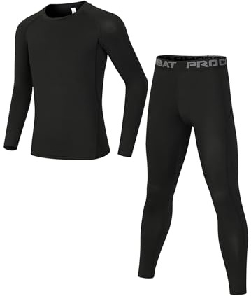 Dtone Kids Athletic Base Layer Set Boys Thermal Long Sleeve Top and Leggings for Football Sport Ski Black 10-11 Years