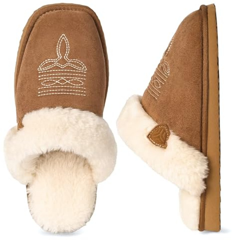 LBF Fuzzy Western Slippers for Women Comfy Winter Fluffy House Cowgirl Boot Slippers with Memory Foam Indoor Outdoor Square Toe