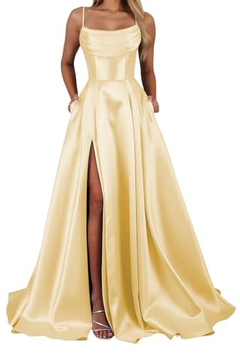 YIANN Robe de bal en satin à bretelles spaghetti pour femme avec fente corset longue robe de soirée formelle, jaune, 44
