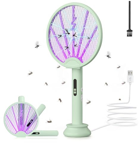 OKYUK Tapette à mouches électrique 3 en 1 pliable - 3500 V - Ultra puissante - Piège à mouches - Lampe UV - Base de charge amovible - Pour moustiques, mouches, mites - Avec brosse (vert)