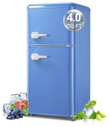 BINMIT Retro Mini Fridge with Freezer 4.0 Cu. Ft, Small Refrigerator with 7 Level Adjustable Thermostat, Compact Classic Dual Door Fridge Removable Glass Shelves for Apartments, Dorm, Office, Blue
