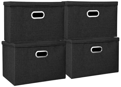 4 Pack Large Storage Boxes with Lids – 45x30x30cm Foldable Storage Cubes with Handles, Collapsible Linen Fabric Storage Bins for Shelves, Wardrobes, Homes & Offices (Black)