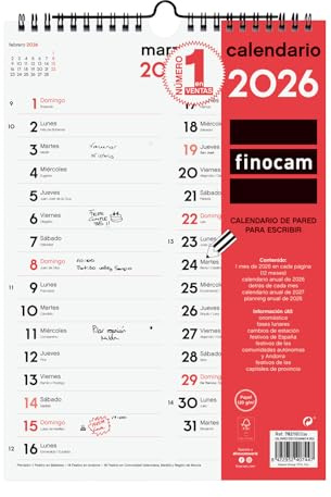Finocam - Väggkalender 2026 för att skriva två kolumner månad vy januari - december (12 månader) | 2026 kalender för anteckning | Neutro månadsplanerare