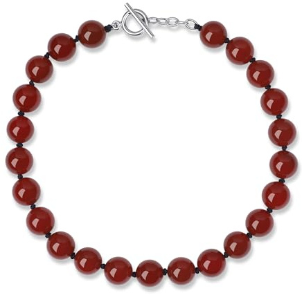 GAVU Collana da Donna con Perline Corniola Rossa Annodate a Mano, Collana di Corniola da Donna con Chiusura Barra T 50cm