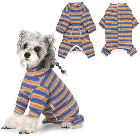 PawSailor Tuta Precupero per Cani Maniche Lunghe a Righe Body Post Operatorio Cane Femmina Maschio Cuccioli Pigiama Tutina Intera per Cani Previene Leccate, Alternativa al Cono, Blu-Giallo M