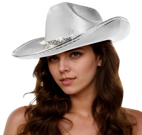 Accesorios de rendimiento para escenarios, fiesta rave, estilo casual, sombrero de vaquero brillante, plata, Talla única