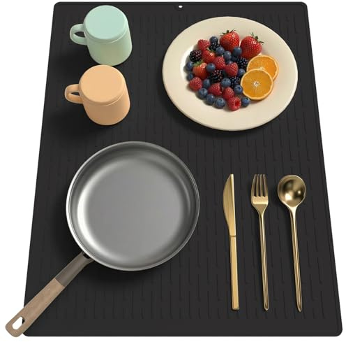 BLESWIN Tapis éGouttoir à Vaisselle 40 X 50 cm avec Rainures IntéGréEs, Tapis De SéChage Plat en Silicone, RéSistant à La Chaleur Et Facile à Nettoyer, Plan De Travail/éVier Multifonction (Noir)