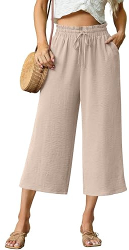 QIXING Women's Cropped Capri Trousers 3/4 Length High Waisted Wide Leg Summer Lounge Pants with Pockets Adjustable Drawstring(Apricot, M)