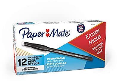 Paper Mate EraserMate Erasable Pen, Medium Point, Black, Box of 12