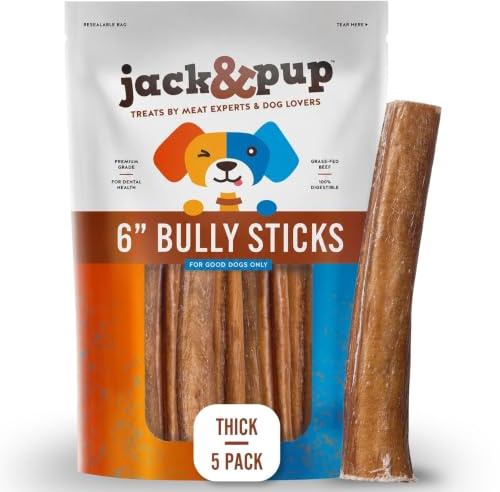 Jack&Pup 6 Inch Bully Sticks for Dogs (5 Pack) Extra Thick Long Lasting Dog Chews, Single Ingredient, 100% Beef Bully Sticks for Large Dogs