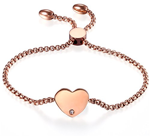 JewelryWe Damen Herz Armband Verstellbar: Rosegold Edelstahl Damenarmband Hochglanz Poliert Herz Charm Armkette Armreif mit Strass Elegant Kettenarmband Schmuck Geschenk für Frau Mädchen