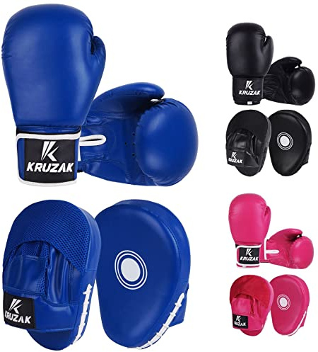 Kruzak Plain Focus Mitts and Boxing Gloves Set for Kickboxing and Muay Thai MMA Training - Fitness Kit with Punching Pads for Martial Arts and Karate - Blue - 8oz