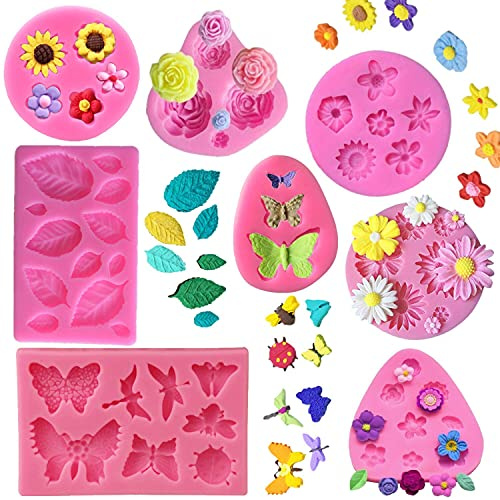 KULENAND Set di 8 stampi in silicone per torte, a forma di rosa, farfalla, margherita, foglia di rosa e mini fiori, per fondente, caramelle, cioccolato, argilla polimerica, sapone, progetti