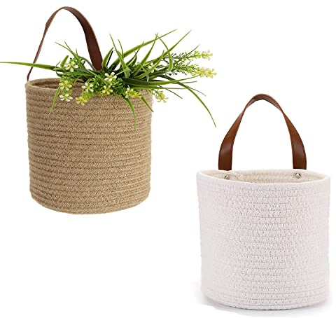 7WUNDERBAR Cestini Portaoggetti da Parete Sospesi Con Manico in Pelle PU - Confezione da 2 per Piante in Vaso di Fiori