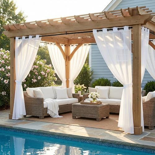 NICETOWN 2 Panels Voile Sheer Patio Outdoor Curtains 108 L Waterproof, Rustproof Grommet Light Filtering Indoor Outdoor Sheer Curtain Drapes for Cabana/Arbor, Ivory, W54 x L108