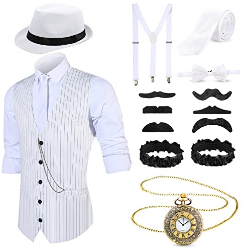 Blulu Accessoires Hommes des Années 1920 Costume de Vêtements de Gangster Gatsby Tenue de Cosplay d'Halloween avec Gilet Fedora Chapeau Montre de Poche Bretelles Cravate