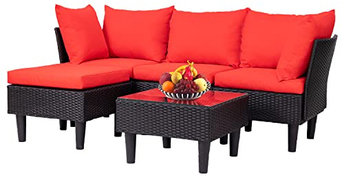 FDW Patio Furniture Sets 5 Pieces Outdoor Wicker Conversation Set Sectional Sofa Rattan Chair for Outdoor Backyard Porch Poolside Balcony Garden Furniture with Coffee Table,Red Cushion