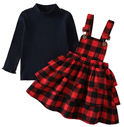 Geagodelia Completo Natalizio per Bambina 2 Pezzi Abito Neonata di Natale Top a Manica Lunga in Tinta Unita + Set di Vestiti con Bretelle a Quadri Vestito per Bambini Natale