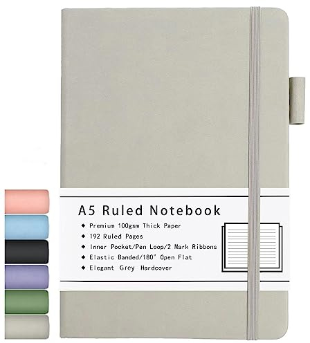 Carnet A5, Journal Ligné à Couverture Rigide avec Papier épais Premium 100 GSM, Poche Intérieure, Boucle pour Stylo, Bande élastique, Couverture en Similicuir, 192 Pages, 14,5 x 21,3 cm (Gris)