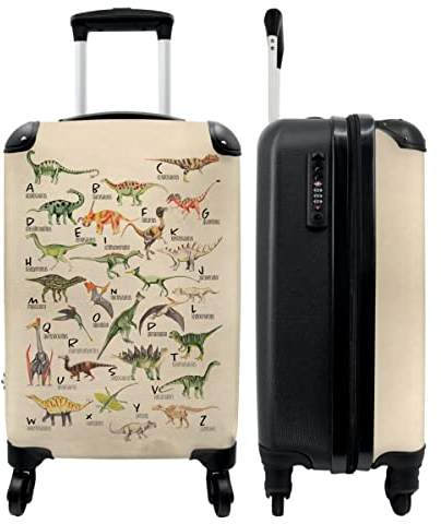 NoBoringSuitcases.com® Kinderkoffer Geschenk Junge Handgepäck Koffer Klein Hartschalenkoffer Trolli Kinder - Dino - Alphabet - Retro - Braun - Trolley, 55x40x20
