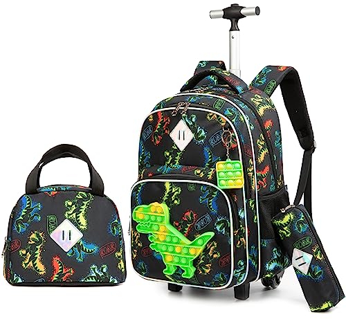 HTgroce Pop It Trolley Rucksack für Kinder, Dinosaurier Schultasche mit Rollen, Schultrolley Schulrucksack Schulranzen