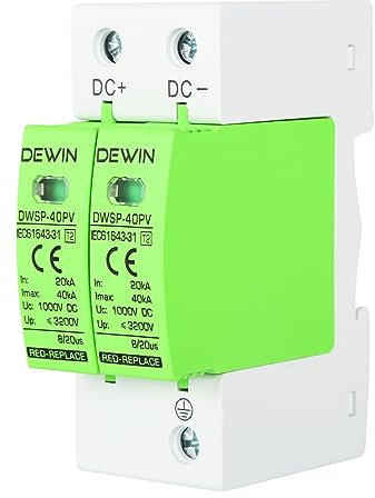 DEWIN Dispositif de Protection Contre les Surtensions, Parafoudre Photovoltaïque 2P 40kA Dispositif de Protection Contre les Surtensions DC1000V Dispositif de Protection Contre la Foudre Rail DIN 35mm