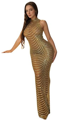 Jigfar Vestido Largo de Noche para Mujer, Sexy, Elegante, de Terciopelo, Adornado con Diamantes de imitación, Dorado (5 Gold), M