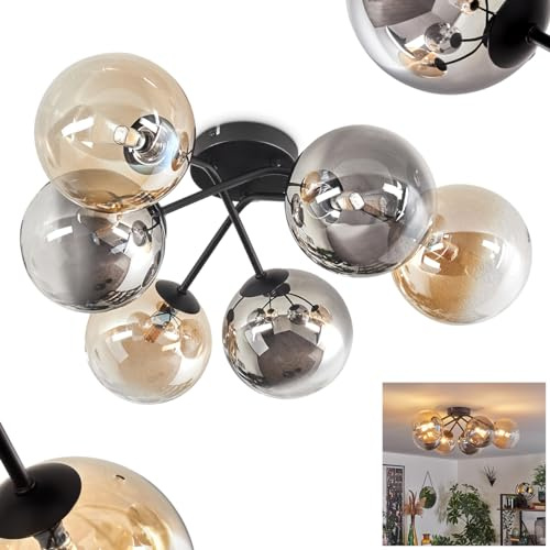 HOFSTEIN Deckenleuchte Chehalis, 6-flammige Deckenlampe aus Metall/Glas in Schwarz/Rauch/Berntsein/Klar, Leuchte im Retro/Vintage-Design, Ø Schirme 15cm, G9, Esszimmer, Schlafzimmer, Wohnzimmer, Küche