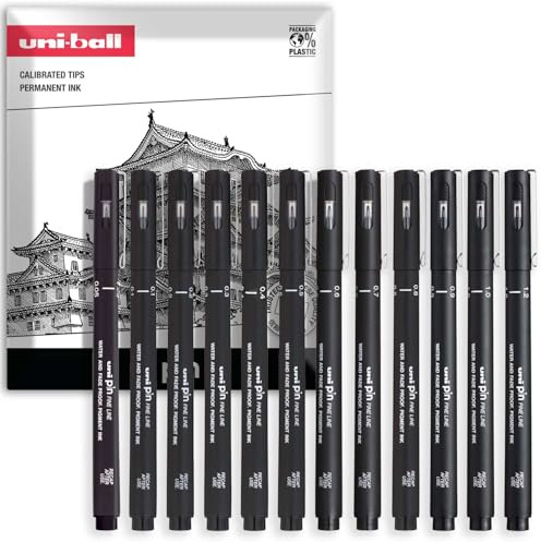 uni-ball PIN Fineliners | Black Fine Tipped Writing Pens | Water & Fade Resistant Ink | Ideal for Sketching, Scrapbooking, Outlining, Art, Technical Drawing | In Envelope Gift Bag (Pack of 12, Mixed)