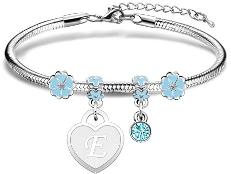 Casxyue Women's Bracelets With Initial Charm Bracelet Silver A-Z Letter Love Heart Pendant Jewellery Birthday Christmas Gifts For Women Teen Girls (E)