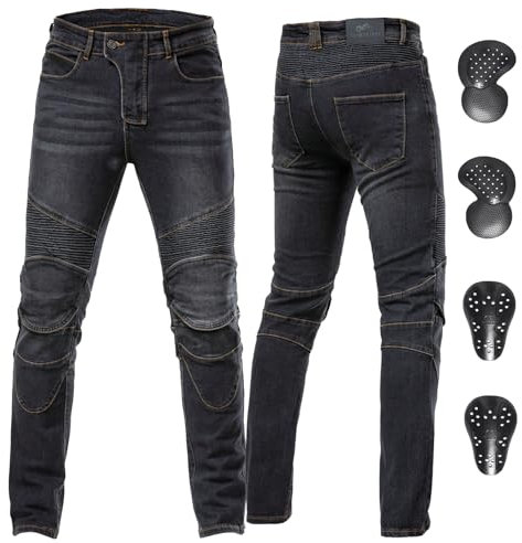 ForMTRider Motorradhose Herren mit Protektoren Elastische Denim Riding Hosen mit CE-Schutz,Vintage Schwarz,XL=38W/31L