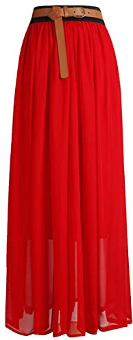 Women's Stretched Waist Chiffon Long Skirts Flowy Skirt UK Size (S/M/L) (UK, Alpha, M, L, Regular, Regular, Red)