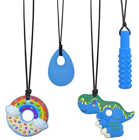 4 Stück Kaukette für Kinder, Kaukette für Kinder adhs, Silikon-Spielzeug Autismus Kauen Spielzeug Beißringe für autistische Kinde(blau)