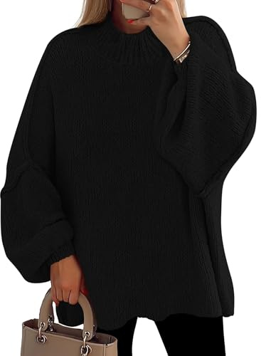 PRETTYGARDEN Women's 2026 Fall Oversized Sweaters Chunky Knit Mock Neck Long Sleeve Casual Trendy Pullover Winter Clothes (Black,Large)