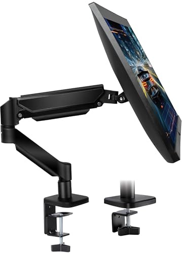 Futura Single Monitor Arm Desk Mount, Gas Spring Adjustable Stand for 13-32 Inch Screens, VESA 75x75 & 100x100mm, Holds Up to 9kg, Full Motion Tilt Swivel Rotation, Clamp & Grommet Monitor Mount