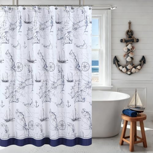 DS BATH Nautical Fabric Shower Curtain, Navy and White Ocean Theme Shower Curtain with Anchor & Sailboat, Waterproof Washable Coastal Decorative Bathroom Curtains, 72 W x 78 H