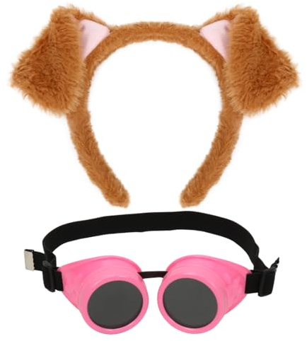 Orejas de Perro Marron Diadema, Gafas Steampunk Rosa, Diadema de Orejas de Perro de Felpa, Perrito Dibujos Animados Accesorios Animal Disfraz para Carnaval Halloween Navidad Festival Cosplay