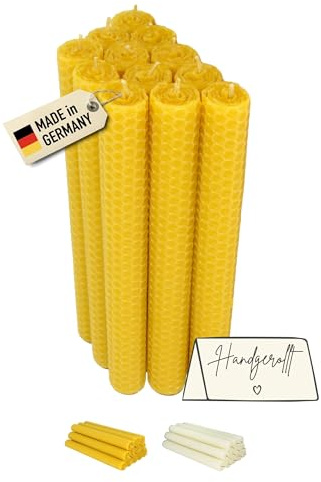Lot de 12 bougies pilier 100 % cire d'abeille d'Allemagne - Bougies en cire d'abeille roulées à la main - 20 cm de hauteur - Environ Ø 2,2 cm - Jaune naturel - Lot de bougies de qualité supérieure